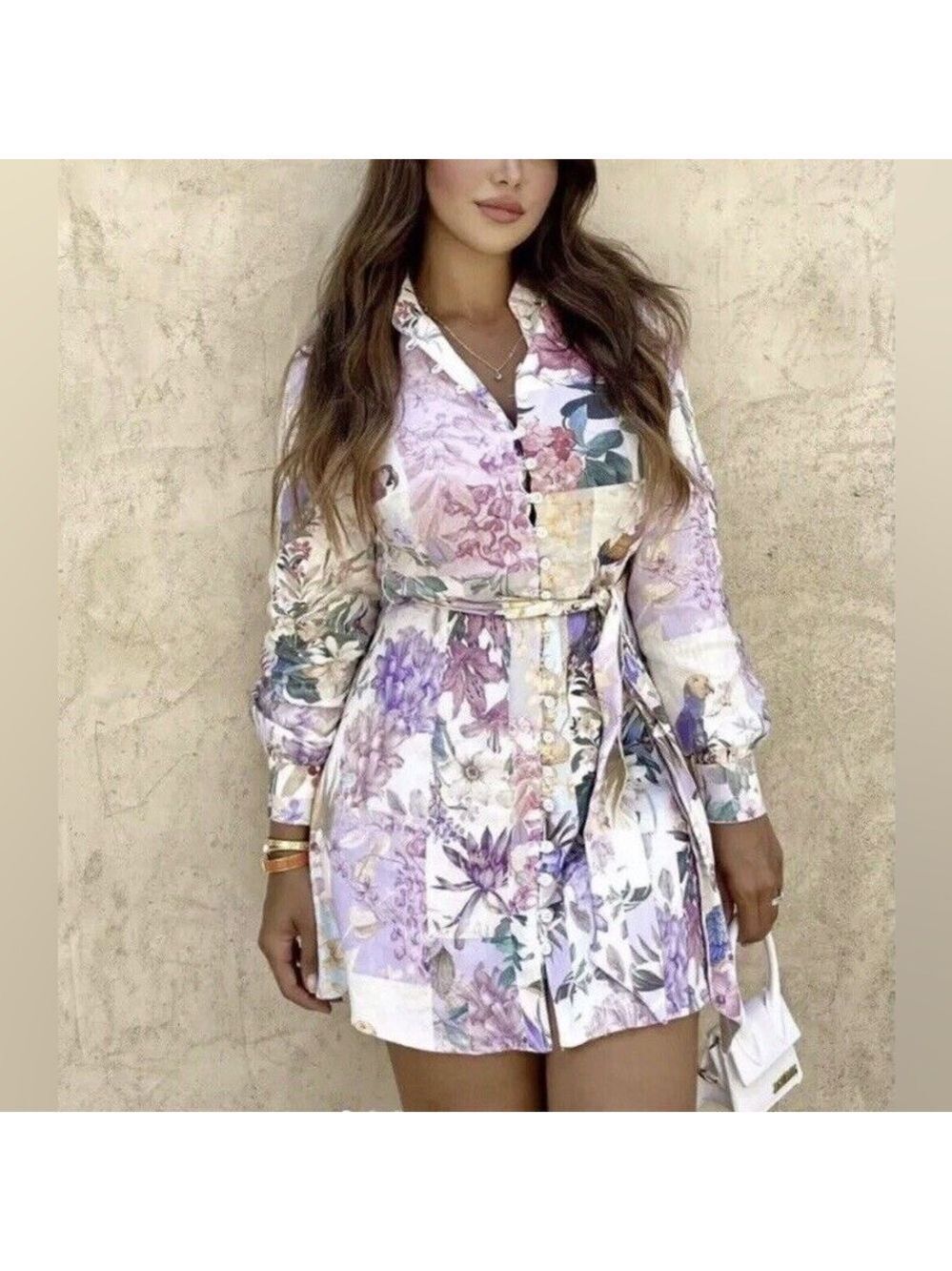 Zara Linen Blend Floral Print Belted Button Front Long Sleeve Mini Dress - Picture 5 of 16